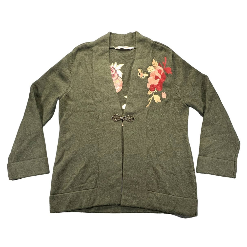 Soft Surroundings Green Embroidered Floral Okata Sweater Cardigan Size Large
